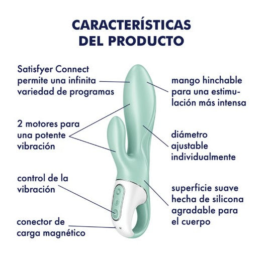 AIR PUMP BUNNY 5+ VIBRADOR RABBIT INFLABLE CON APP VERDE RECARGABLE USB SATISFYER