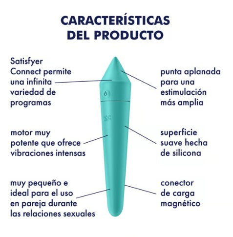 ULTRA POWER BULLET 8 BALA VIBRADORA TURQUESA CON APP RECARGABLE USB SATISFYER