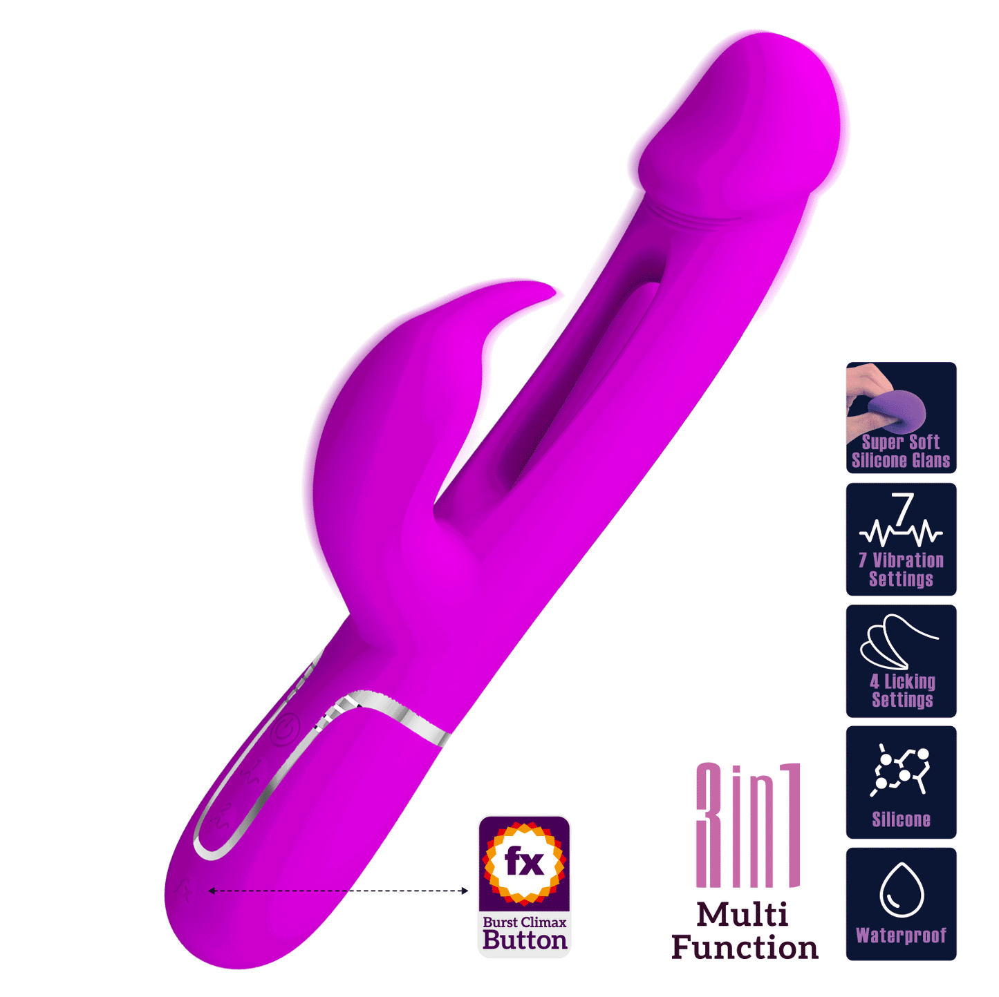 PRETTY LOVE - KAMPAS VIBRADOR RABBIT 3 EN 1 MULTIFUNCIÓN CON LENGUA FUCSIA