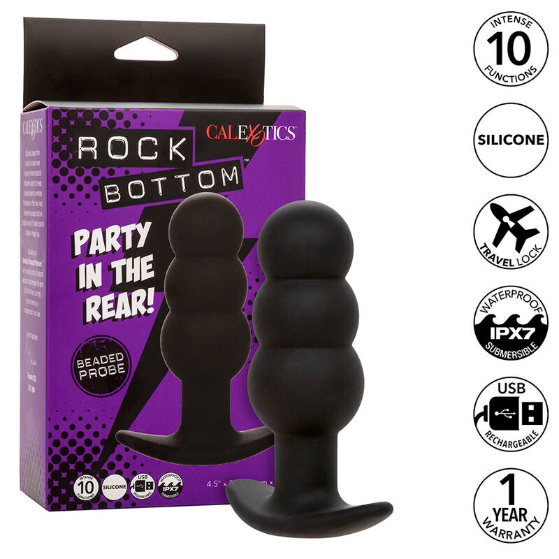 PLUG ANAL VIBRADOR CON CUENTAS CALEXOTICS - ROCK BOTTOM 10 VIBRACIONES SILICONA NEGRO