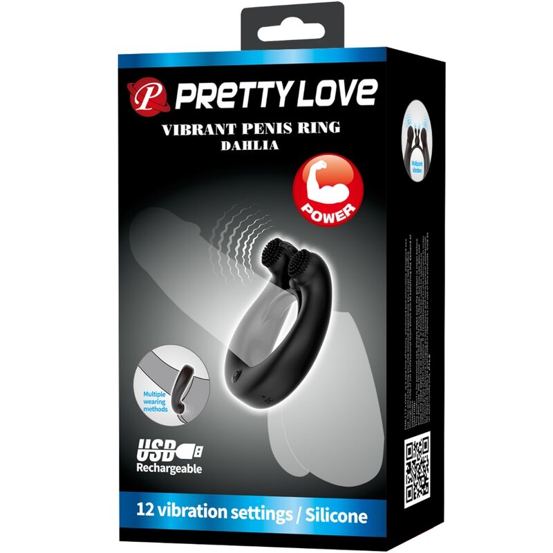 DAHLIA ANILLO VIBRADOR + ESTIMULADOR DE CLÍTOIS 12 VIBRACIONES NEGRO RECARGABLE USB