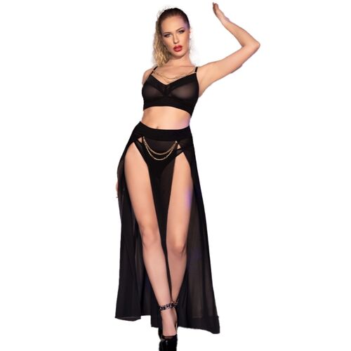 TOP NEGRO FALDA Y TANGA CON CADENAS DORADAS CHILIROSE - CR 4672