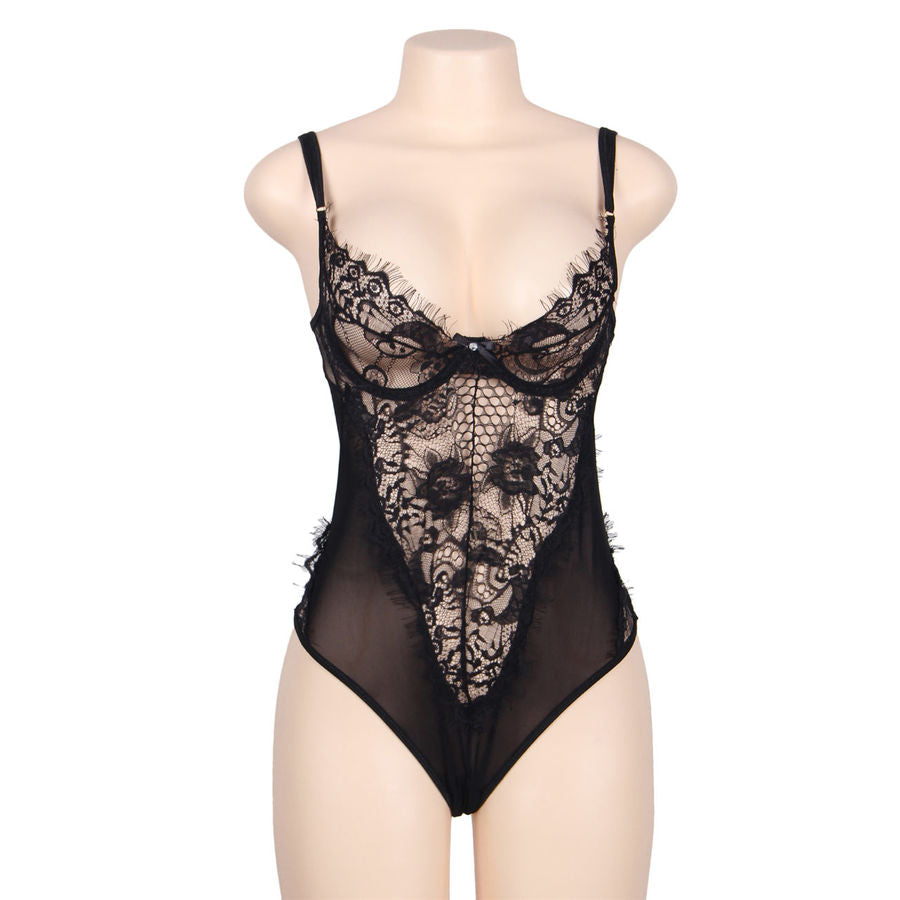 TEDDY SUBBLIME - ENCAJE FLORAL Y CON FLECOS NEGRO TALLA GRANDE