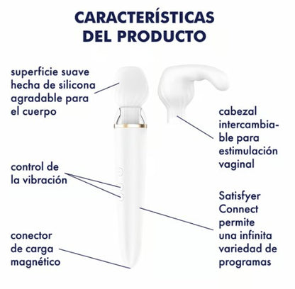 DOUBLE WANDER VIBRADOR WAND CON APP BLANCO CON PUNTAS INTERCAMBIABLES SATISFYER