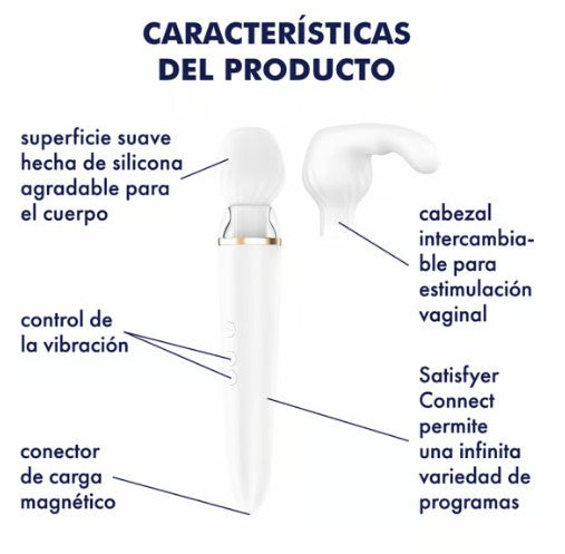 DOUBLE WANDER VIBRADOR WAND CON APP BLANCO CON PUNTAS INTERCAMBIABLES SATISFYER