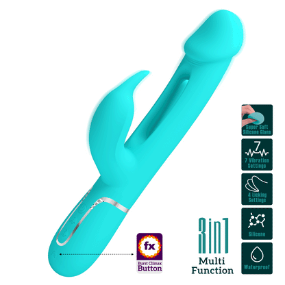 PRETTY LOVE - KAMPAS VIBRADOR RABBIT 3 EN 1 MULTIFUNCIÓN CON LENGUA VERDE AGUA