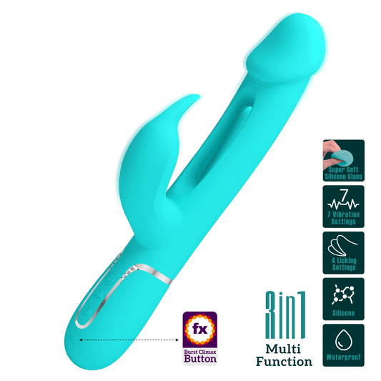 PRETTY LOVE - KAMPAS VIBRADOR RABBIT 3 EN 1 MULTIFUNCIÓN CON LENGUA VERDE AGUA