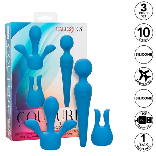 COUTURE KIT VIBRADOR MASAJEADOR WAND CON PUNTAS INTERCAMBIABLES 10 VIBRACIONES AZUL
