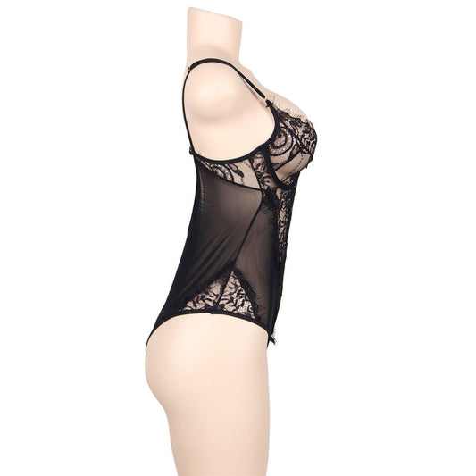 TEDDY SUBBLIME - ENCAJE FLORAL Y CON FLECOS NEGRO TALLA GRANDE