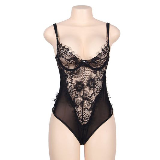 TEDDY SUBBLIME - ENCAJE FLORAL Y CON FLECOS NEGRO TALLA GRANDE